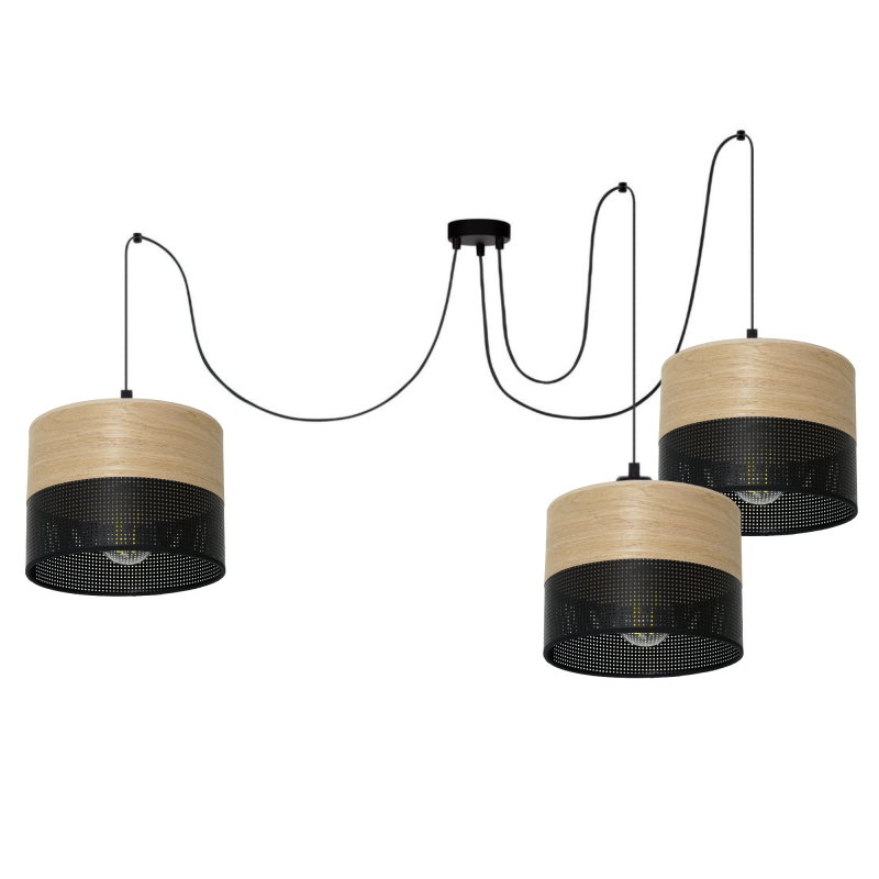 LAMPA WISZĄCA ŻYRANDOL SPIDER ABAŻUR Z DZIURKAMI DREWNO E27 BIAŁY / CZARNY 3-PKT 5-PKT