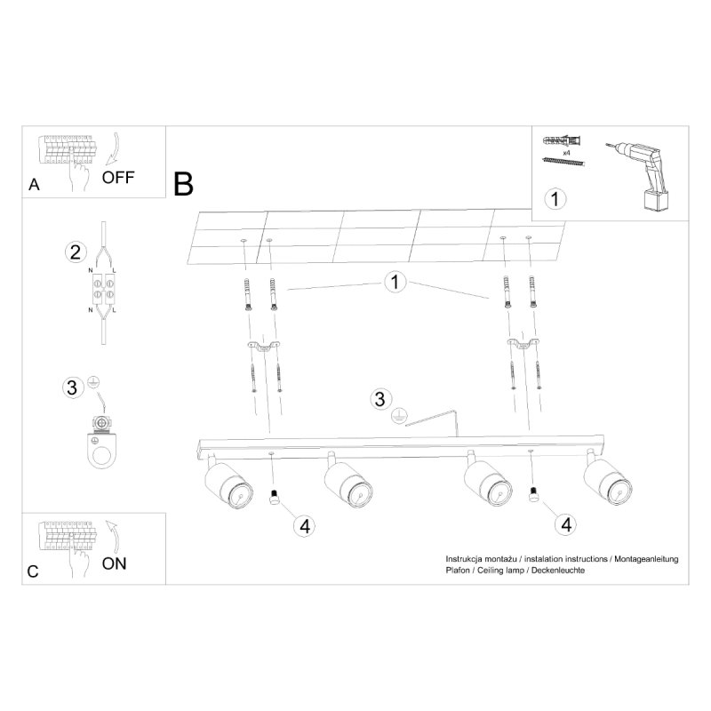 Plafon NERO 4 czarny/chrom