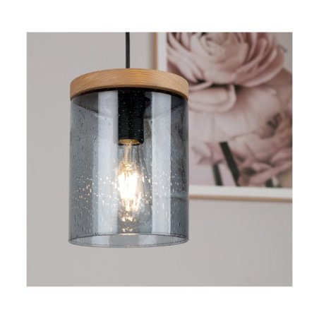 Monsun Lampa Wisząca 1xE27 Max.60W Sosna Bejcowana/Czarny PVC/Szkło Dymione