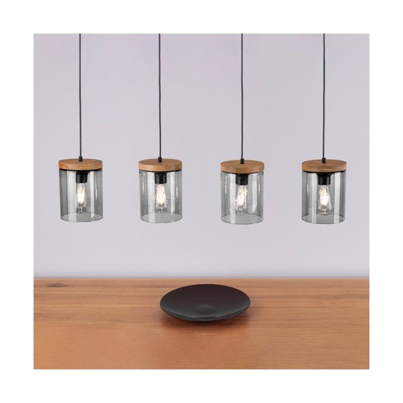 Monsun Lampa Wisząca 4xE27 Max.60W Sosna Bejcowana/Czarny PVC/Szkło Dymione