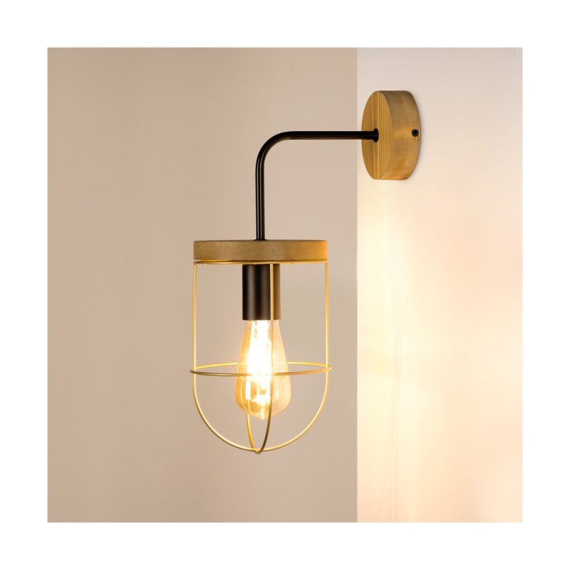 Netuno Kinkiet 1xE27 Max.25W LED Sosna Bejcowana/CzarnyZłoty