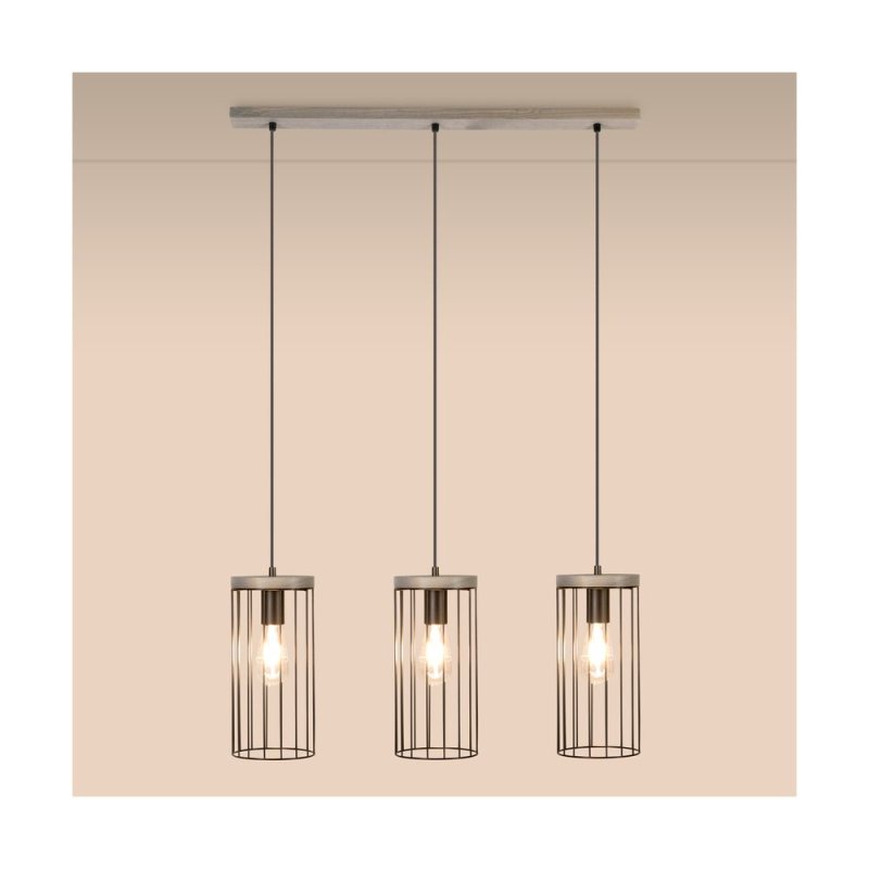 Timeo Lampa Wisząca 3xE27 Max.60W Sosna Bejcowana Szara/Czarny PVC/Czarny