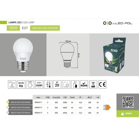 ŻARÓWKI LED E27 G45 5W ZIMNE KOMPLET 10 SZTUK