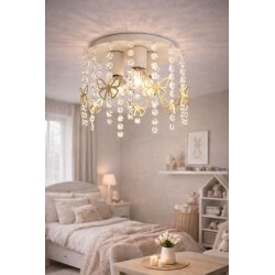 Lampa sufitowa z kryształami i złotymi serduszkami lub motylkami