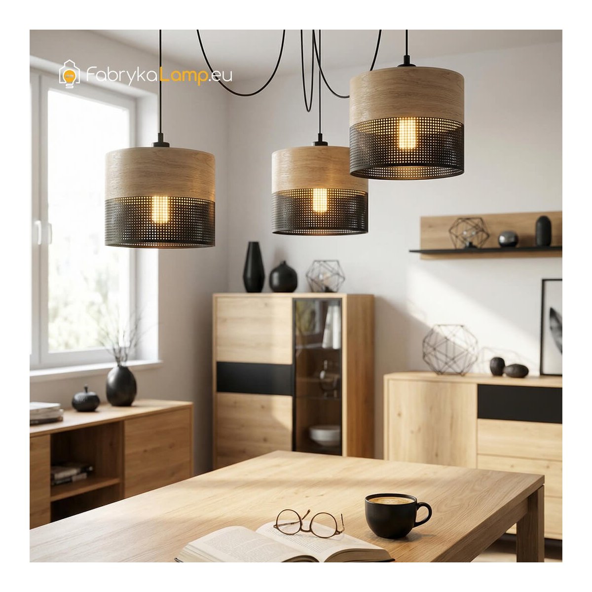 LAMPA WISZĄCA ŻYRANDOL SPIDER ABAŻUR Z DZIURKAMI DREWNO E27 BIAŁY / CZARNY 3-PKT 5-PKT