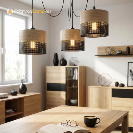 LAMPA WISZĄCA ŻYRANDOL SPIDER ABAŻUR Z DZIURKAMI DREWNO E27 BIAŁY / CZARNY 3-PKT 5-PKT