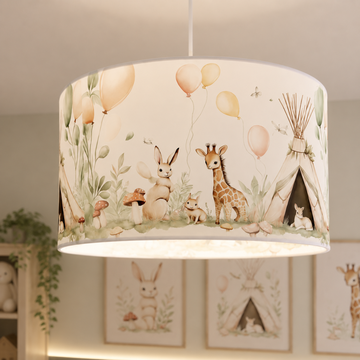 Delikatna lampa wisząca z motywem zwierzątek leśnych dziecięca E27 LED 35 CM