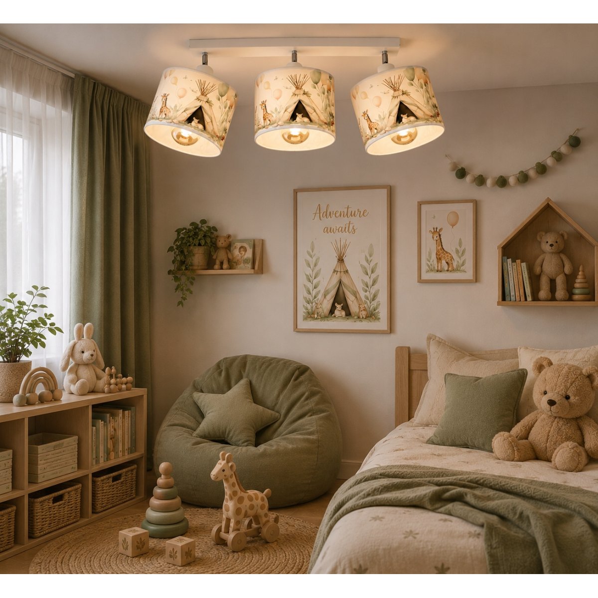 Dziecięca lampa ścienna kinkiet Leśna Przygoda z pastelowym abażurem z wtyczką