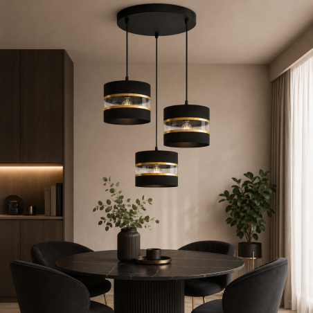 Lampa wisząca 3xE27 czarna ze złotymi abażurami | Fabryka Lamp