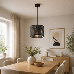 Lampa wisząca rattan czarna E27 – nowoczesna do salonu i jadalni