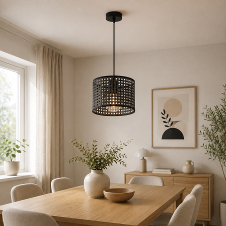 Lampa wisząca rattan czarna E27 – nowoczesna do salonu i jadalni