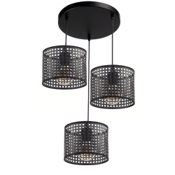 Lampa wisząca 3-punktowa rattan czarna E27 – do salonu i jadalni