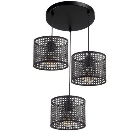 Lampa wisząca 3-punktowa rattan czarna E27 – do salonu i jadalni