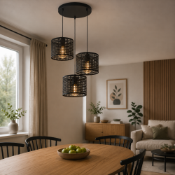 Lampa wisząca 3-punktowa rattan czarna E27 – do salonu i jadalni