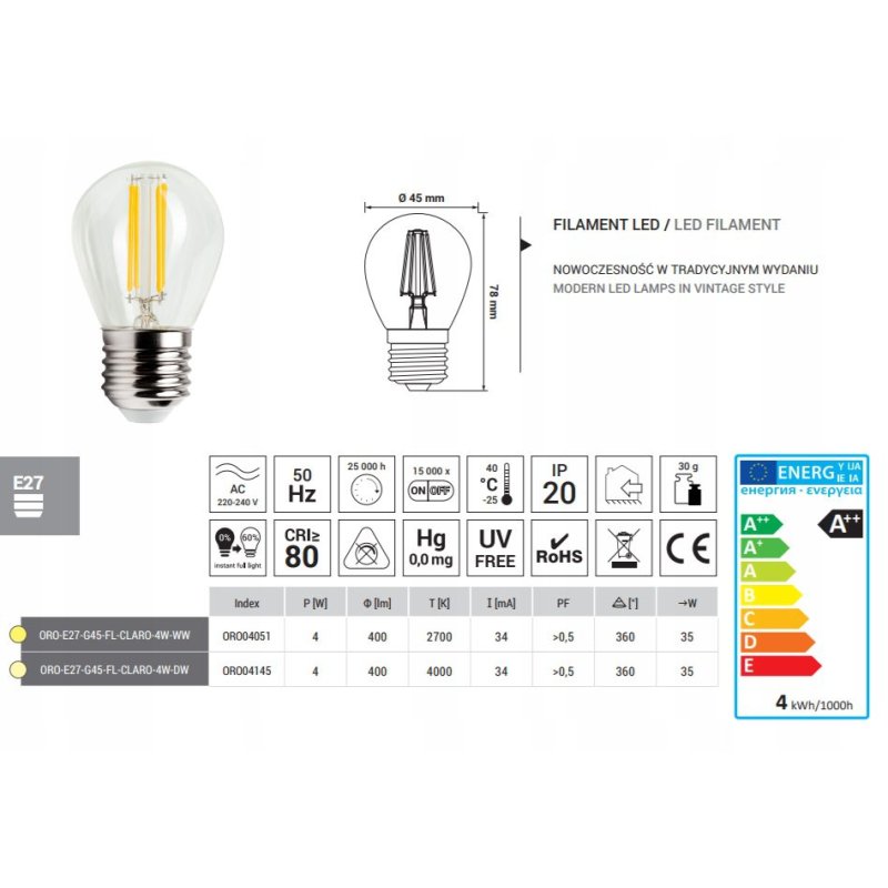 ŻARÓWKA LED E27 400LM 4W=35W WW CIEPŁE ŚWIATŁO