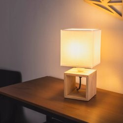 LAMPKA NOCNA STOŁOWA DREWNIANA OZDOBNA ABAŻUR BIAŁY E27 LED