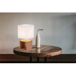 LAMPKA NOCNA STOŁOWA DREWNIANA OZDOBNA ABAŻUR BIAŁY E27 LED