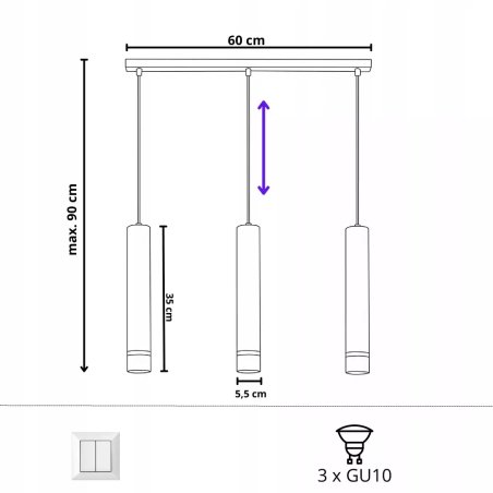 LAMPA SUFITOWA POTRÓJNY ZWIS TUBY GU10 LED GRANAT ZŁOTY / CHROM / WARIANTY