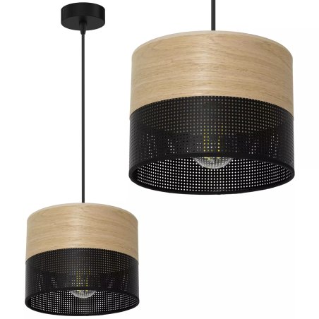 LAMPA WISZĄCA ŻYRANDOL DUŻY ABAŻUR Z DZIURKAMI DREWNO 40CM / 30CM / 20CM  E27 LED
