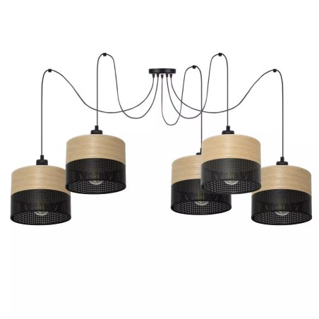 LAMPA WISZĄCA ŻYRANDOL SPIDER ABAŻUR Z DZIURKAMI DREWNO E27 BIAŁY / CZARNY 3-PKT 5-PKT
