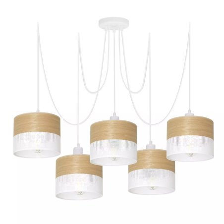LAMPA WISZĄCA ŻYRANDOL SPIDER ABAŻUR Z DZIURKAMI DREWNO E27 BIAŁY / CZARNY 3-PKT 5-PKT