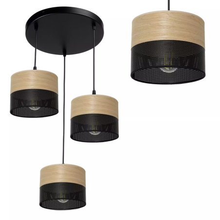 LAMPA WISZĄCA ŻYRANDOL ABAŻUR Z DZIURKAMI DREWNO E27 LED KOLORY BIAŁY / CZARNY