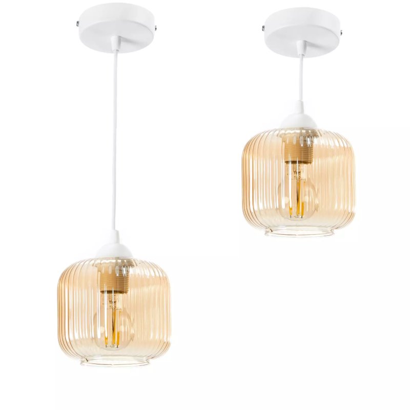 NOWOCZESNA LAMPA WISZĄCA KLOSZ SZKLANY BECZKA PRĄŻKI E27 BIAŁY GRAFIT BURSZTYN