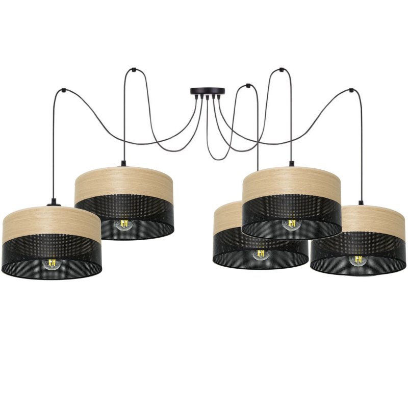 LAMPA WISZĄCA ŻYRANDOL SPIDER ABAŻUR Z DZIURKAMI DREWNO E27 5x30CM