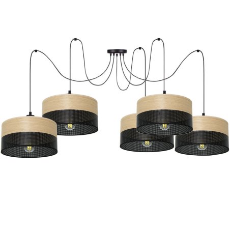 LAMPA WISZĄCA ŻYRANDOL SPIDER ABAŻUR Z DZIURKAMI DREWNO E27 5x30CM