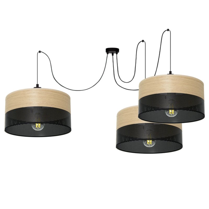 LAMPA WISZĄCA ŻYRANDOL SPIDER ABAŻUR Z DZIURKAMI DREWNO E27 5x30CM